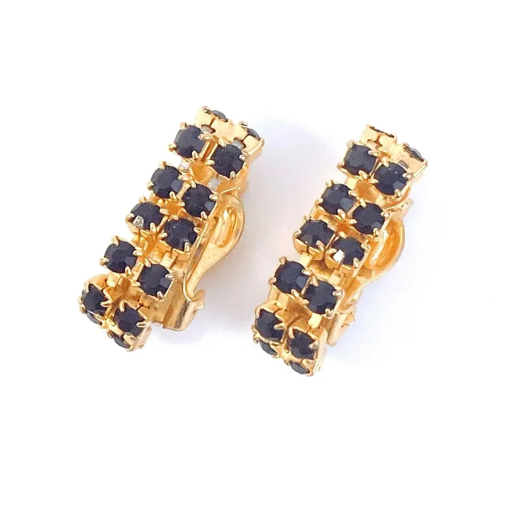 Vintage Unique Mid Century Black Rhinestone Wrap Around Clip On Earrings